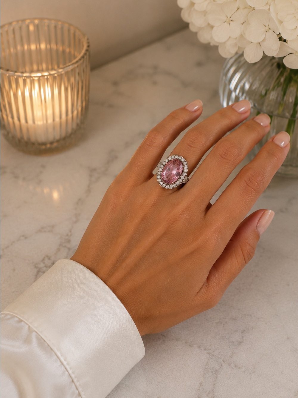 Pink Oval Cocktail Ring Silver  Halo Statement Ring Large Stone CZ Glam